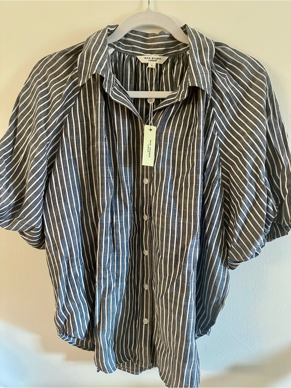 Max Studio Navy and White Striped Button-Front Blouse